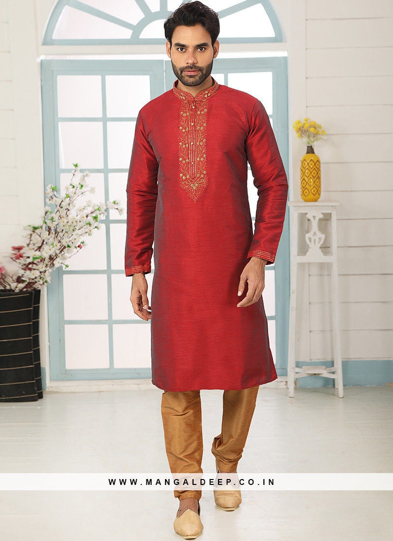 Charming Red Color Festive Wear Art Silk Kurta Pajama