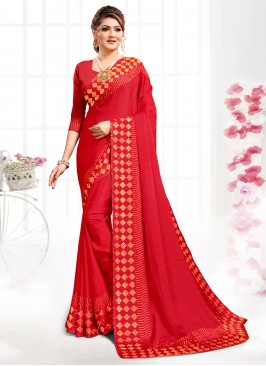 Charming Stone Red Satin Designer Saree