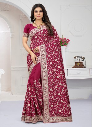 CHERRY COLOUR CRAP SILK EMBROIDERY WORK SAREE