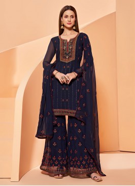 Cherubic Embroidered Faux Georgette Navy Blue Designer Pakistani Salwar Suit