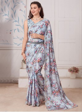 Cherubic Georgette Satin Grey Digital Print Trendy Saree
