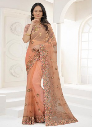 Cherubic Peach Embroidered Net Designer Contemporary Saree