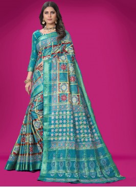 Chic Cotton Aqua Blue Contemporary Style Saree