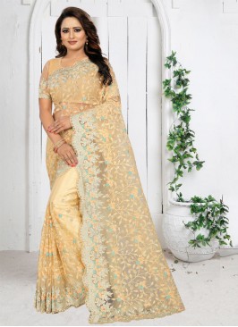 Chic Embroidered Cream Traditional Saree
