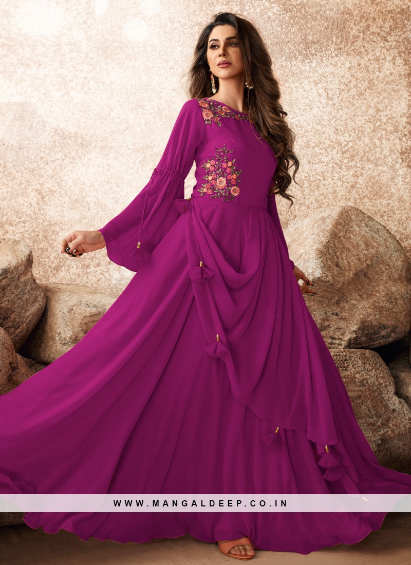 Buy Silver Satin Silk Embroidered Designer Gown | Gowns