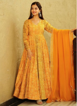 Chic Georgette Yellow Digital Print Gown 