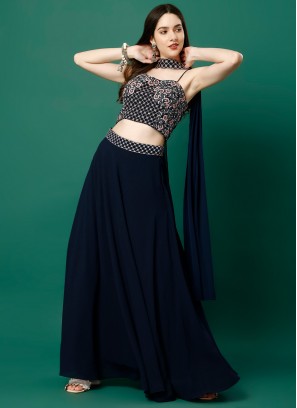 Chic Navy Blue Embroidered Readymade Lehenga Choli
