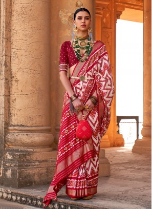 Chic Patola Print Red Silk Contemporary Saree