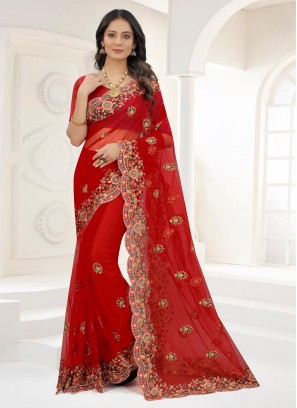 Chic Red Net Contemporary Style Saree