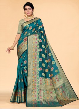 Chic Teal Woven Organza Saree