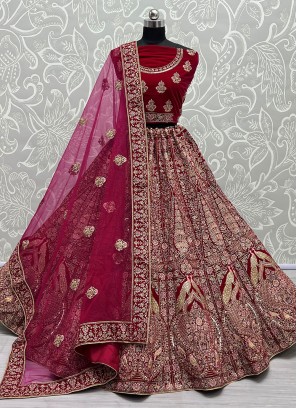 Chic Zircon Velvet Red A Line Lehenga Choli
