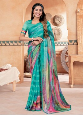 Chiffon Blue Print Trendy Saree