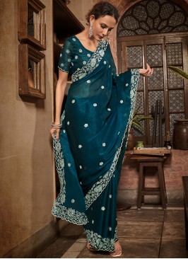 Chiffon Embroidered Classic Saree in Teal