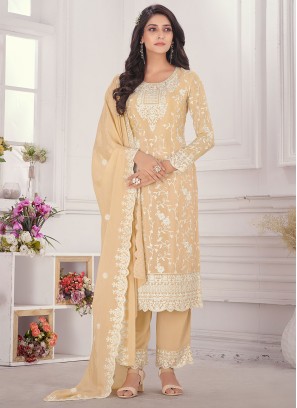Chiffon Embroidered Cream Long Length Salwar Suit