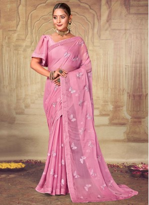 Chiffon Embroidered Saree in Pink