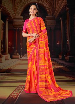 Chiffon Orange Designer Saree