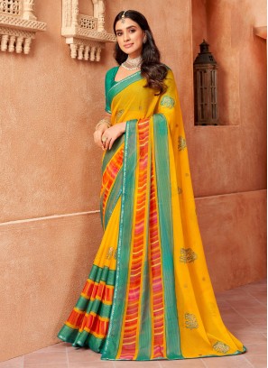 Chiffon Printed Contemporary Saree in Yellow