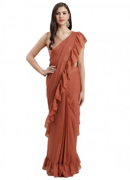 Chiffon Ruffle Orange Contemporary Style Saree