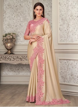 Chiffon Satin Embroidered Rose Pink Classic Saree