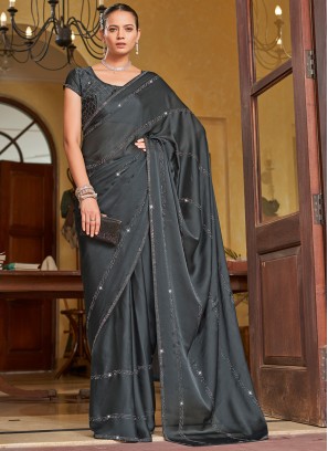 Chiffon Satin Swarovski Trendy Saree in Grey