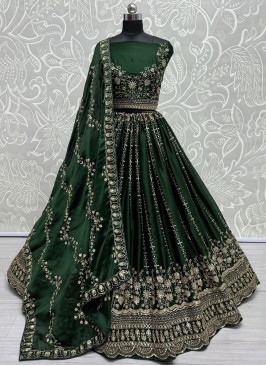 Chiffon Satin Thread Work Green Lehenga Choli