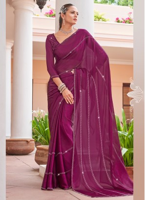 Chiffon Satin Wine Contemporary Saree