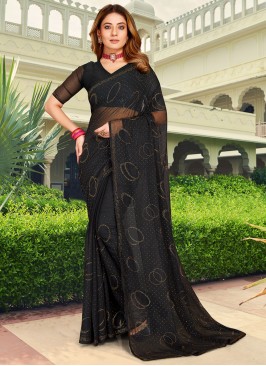 Chiffon Stone Work Black Contemporary Style Saree