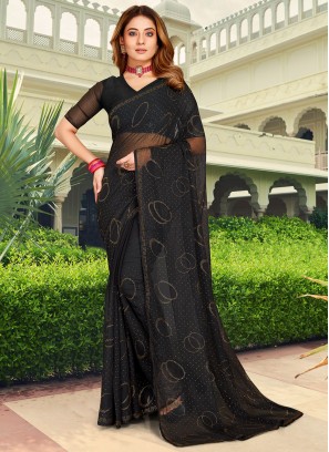 Chiffon Stone Work Black Contemporary Style Saree