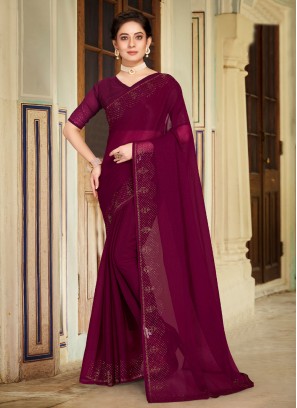 Chiffon Swarovski Saree in Wine