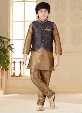 Chikoo Art Silk Kurta Pajama Jacket Set for Kids.