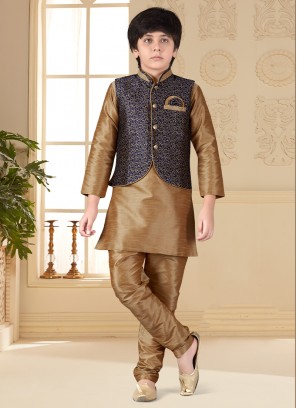 Chikoo Art Silk Kurta Pajama Jacket Set for Kids.