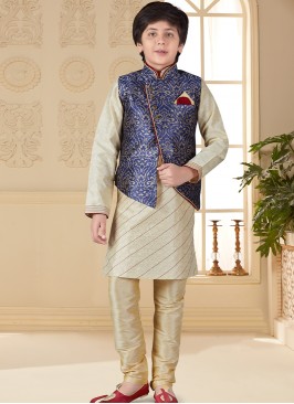 Gold Art Silk Kurta Pajama Jacket Set for Kids.