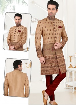 Chikoo Art Silk Sherwani with Marron Art Silk Trou