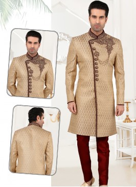 Phone Jaquard Sherwani with Marron Art Silk Trouse