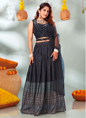 Chinon Black Long Choli Lehenga