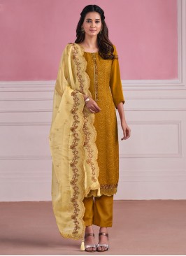 Chinon Chikankari Work Trendy Salwar Kameez in Mustard