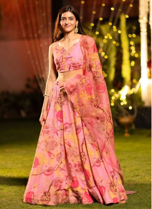 Chinon Digital Print Readymade Lehenga Choli in Pink
