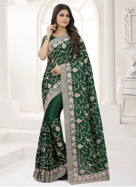 Chinon Embroidered Green Saree