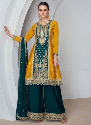 Chinon Embroidered Trendy Designer Salwar Kameez in Mustard and Teal