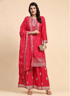 Chinon Embroidered Trendy Salwar Suit in Pink