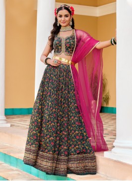 Chinon Green Digital Print Readymade Lehenga Choli