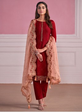 Chinon Red Embroidered Pant Style Suit