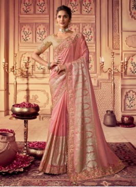 Chinon Rose Pink Resham Contemporary Saree