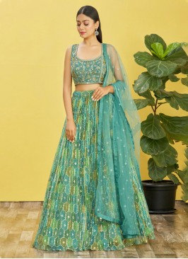 Chinon Sea Green Digital Print Designer Lehenga Choli