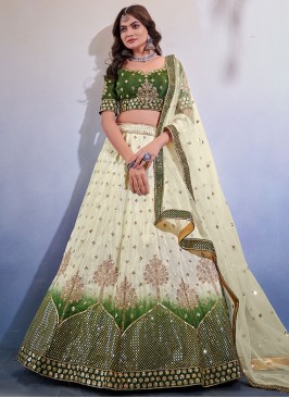 Chinon Sequins Green and Off White A Line Lehenga Choli