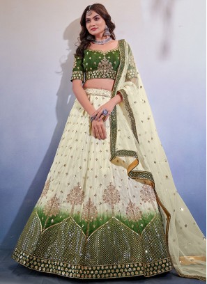 Chinon Sequins Green and Off White A Line Lehenga Choli