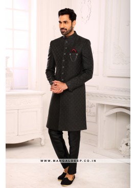 Classic Black Indo Western Shervani in Imported Jacquard Brocade With Aligadhi Pant