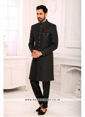 Classic Black Indo Western Shervani in Imported Jacquard Brocade With Aligadhi Pant