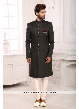 Classic Black Indo Western Shervani in Imported Ja