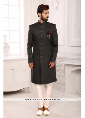 Classic Black Indo Western Shervani in Imported Jacquard Brocade With Aligadhi Pant